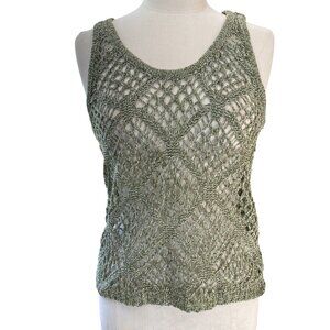 Crochet Open Knit Tank Top Sz XL Army Green Beach Cover-Up Hippie Boho Festival